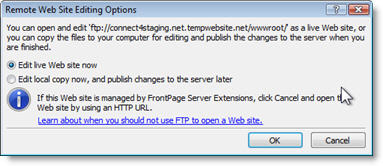 Remote Web Site Editing Warning