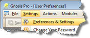 Preferences & Settings Menu Option in Gnosis Pro